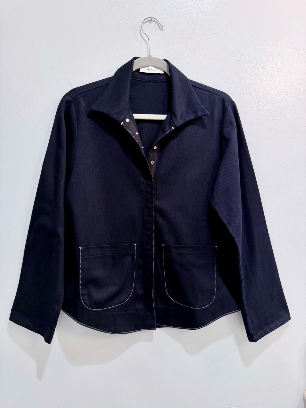 Vintage 90s Minimalist Navy Workwear Jacket USA Made Cotton Chore Coat Snap Up S - Picture 13 of 13